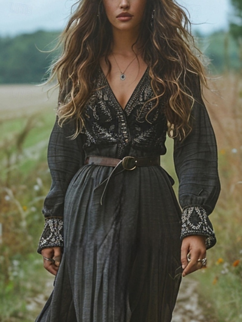 Pentru femei Rochie Lunga Rochie Maxi Rochie casual Rochie leagăn Rochie de vară Rochie Boho Epocă Vacanță Zilnic Concediu Fit regulat Grafic Manșon Lung În V Negru Vară 2025 - $32.99 –P2