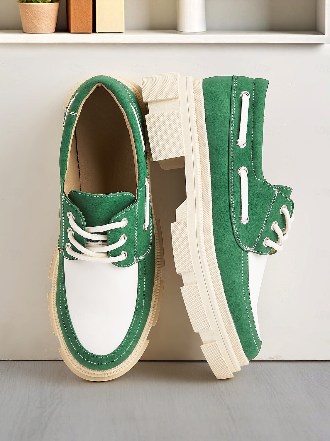 Chaussures à plateforme style Oxford pour femmes - Bloc de couleurs vert et blanc tendance avec semelle épaisse, idéales pour les déplacements quotidiens et les journées de bureau décontractées de 2025 ? $42.99 –P5