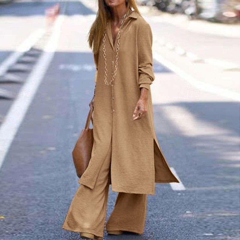 Femmes Actif Mode Chemisier Ensembles de Pantalons manche longue Col de chemise Couleur Unie Dubbele Rij Knopen Vacances Fête Vert Véronèse Bleu Marine Kaki Été Coupe régulière de 2025 ? $27.99 –P7