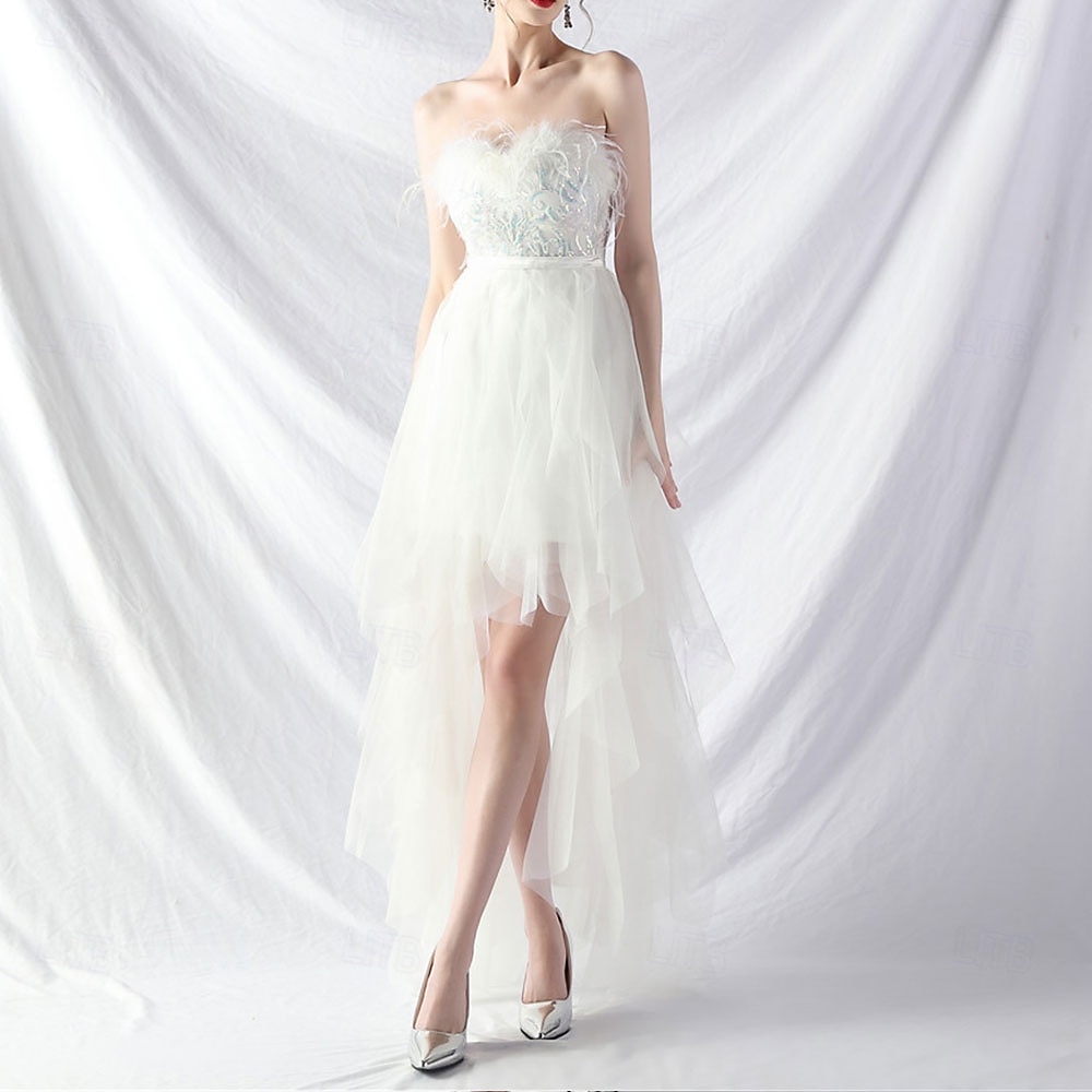 A-Line Quinceanera Dresses Elegant Dress Formal Wedding Asymmetrical Sleeveless Strapless Tulle Backless with Feather Embroidery 2025 - $84.99 –P15