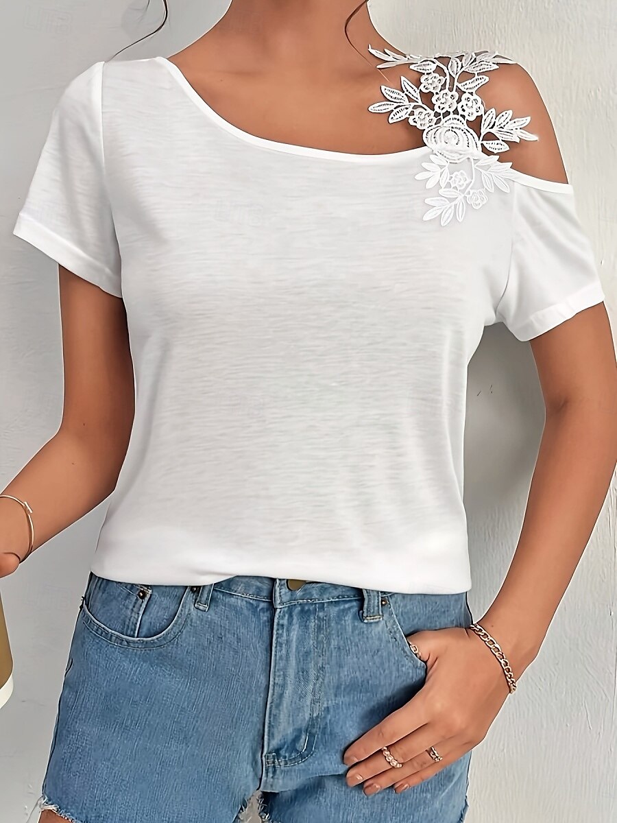 Damen T Shirt Einfach Mode Modern Lässig Kurzarm V Ausschnitt Normale Oberteile Täglich Wochenende Patchwork Bestickt Schwarz Weiß Braun Grün Sommer Frühling 2025 - GBP £15 –P7