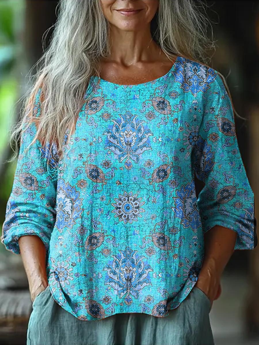 Kvinners Bluse Langermet Blomstermotiv Geometrisk Daglig Casual 3/4 Lengde Ermer Crew Neck Vanlige Topper Daglig Ferie Ferieklær Trykk Gul Rosa Blå Oransje Sommer Vår 2025 - $27.99 –P2