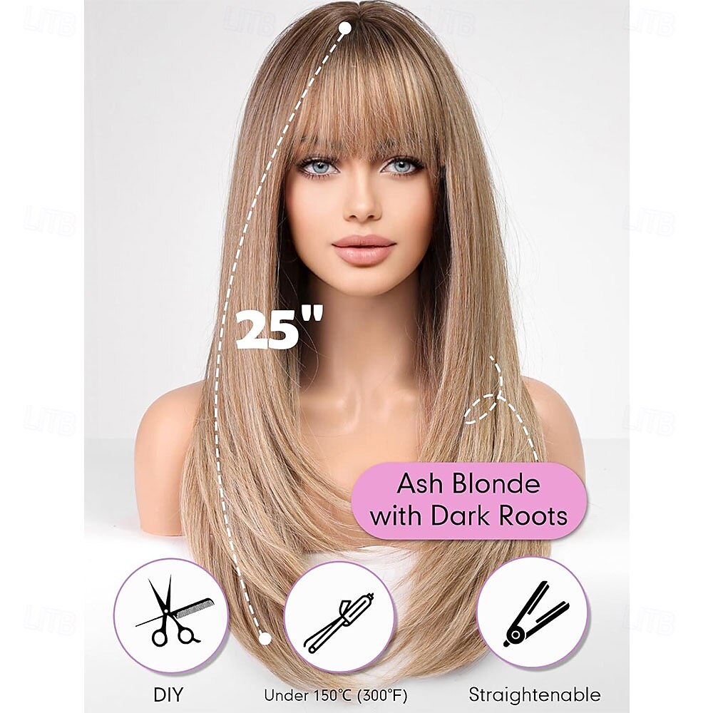 Long Straight Wigs for Women with Fringe Layered Synthetic Ash Blonde with Dark Roots Color Wigs for Women 2025 - $27.99 –P2