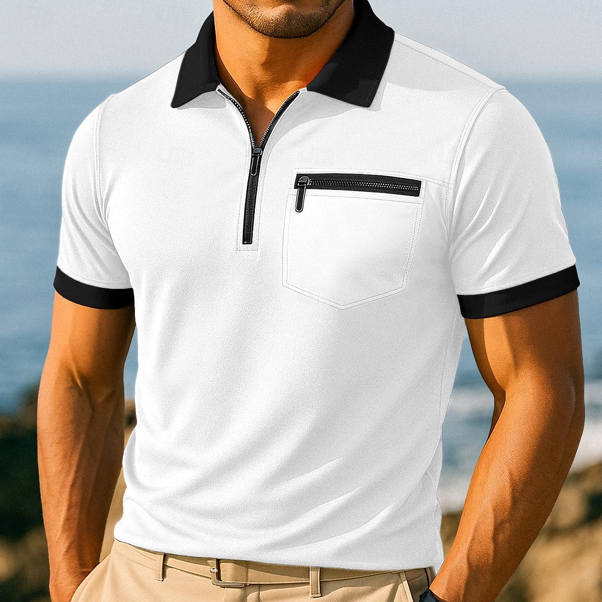 Per uomo Polo con zip Maglia da golf Vacanza Casuale Bavero Zip a un quarto Manica Corta Moda Moderno Tinta unica Cerniera Estate Primavera Tutte le stagioni Vestibilità regolare Bianco Borgogna Blu del 2025 a $20.99 –P1