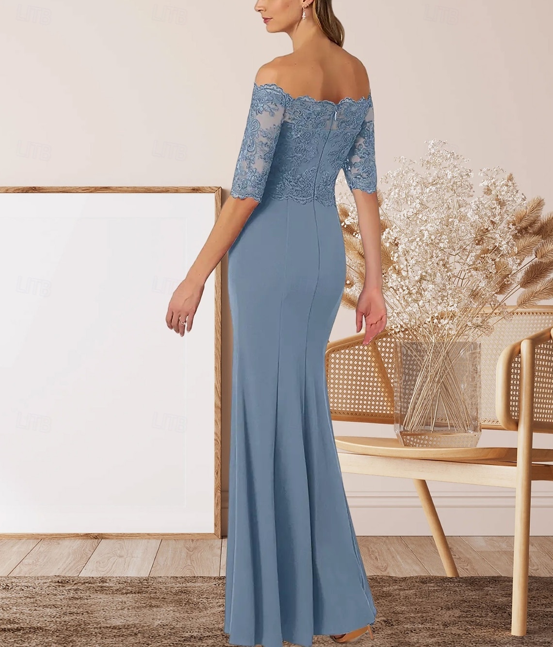 A-Line Mother of the Bride Dress Wedding Guest Elegant Off Shoulder Floor Length Chiffon Half Sleeve with Lace 2025 - $161.99 –P4
