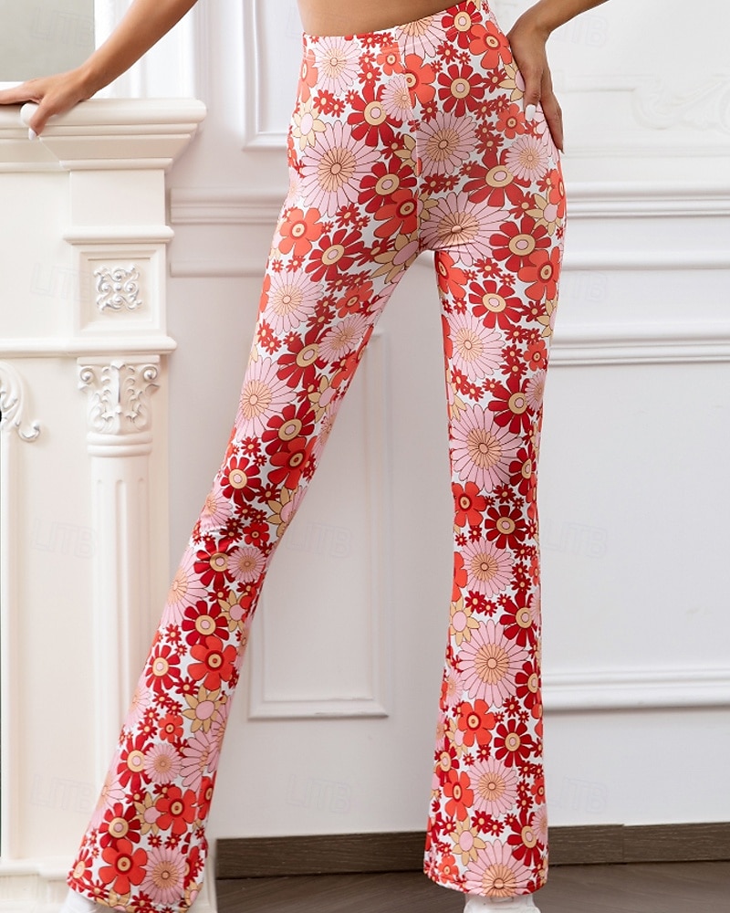 Women's Bell Bottom Slacks Fashion Boho Full Length Natural Flower Elastic Waist Printing Outdoor Comfortable Holiday Going out Magenta Orange red Black Pink Summer Regular Fit 2025 - $16.99 –P19