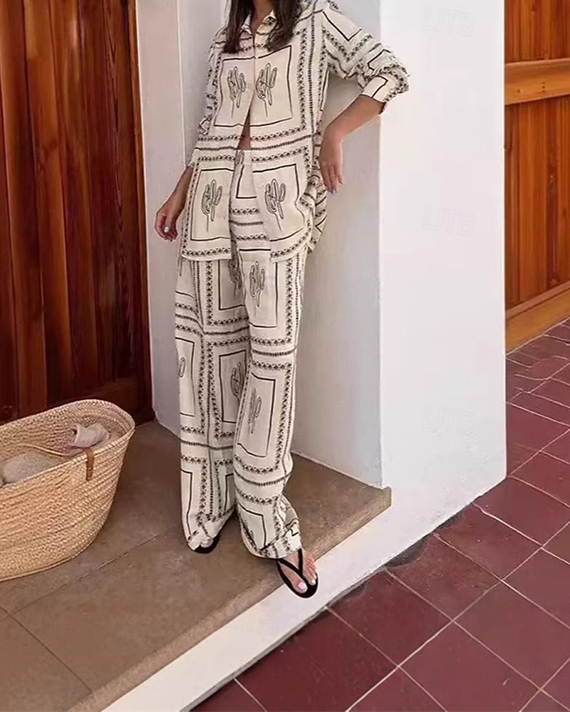 Femmes Mode Streetwear Chemises en coton et lin Ensembles en coton et lin Ensembles de Pantalons Manche Courte Col de chemise Géométrique Imprimé Tenue quotidienne Date Beige Été Coupe régulière de 2025 ? $44.99 –P4