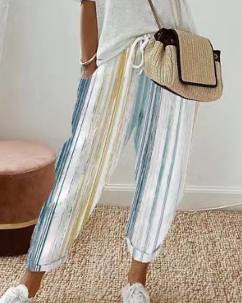 Per donna Pantaloni in cotone e lino Pantaloni Eleganti Casual Lunghezza intera Naturale A righe Tasca Design con Coulisse Elastica All'aperto Confortevole Streetwear Uscire Bianco Blu Cachi Estate del 2025 a $25.99 –P1