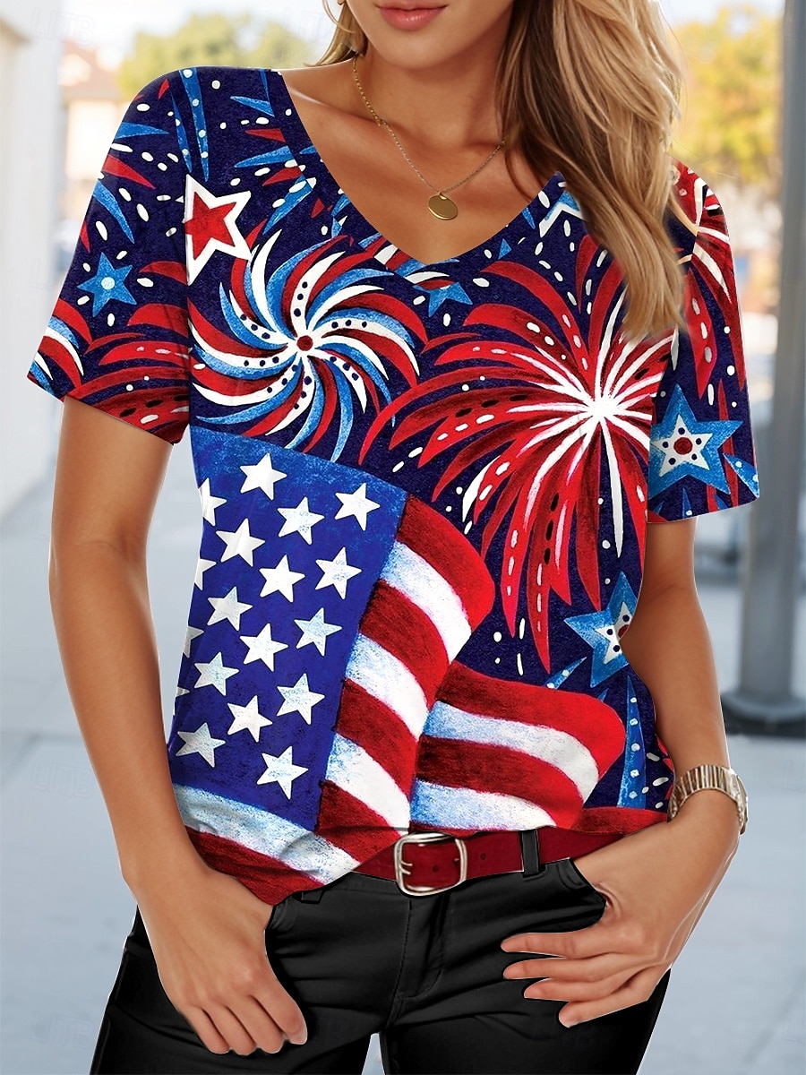 تي شيرت نسائي بطرز وطني لعيد الاستقلال علم عادي أحمر أبيض وأزرق بأكمام قصيرة ياقة V تي شيرت عادية يومية حمراء صيفية 2026 - $21.99 –P5
