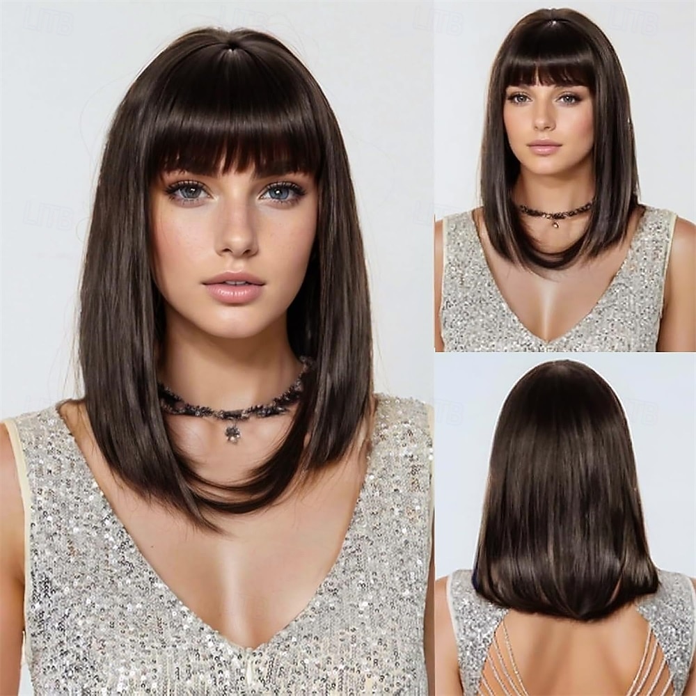 2026年 女性用ミディアムロングヘアウィッグ、ダークブラウンボブウィッグ、フリンジ付き、ナチュラルストレートヘアウィッグ、ハロウィン仮装コスプレ用16インチ  コレクション – $24.99 –P1