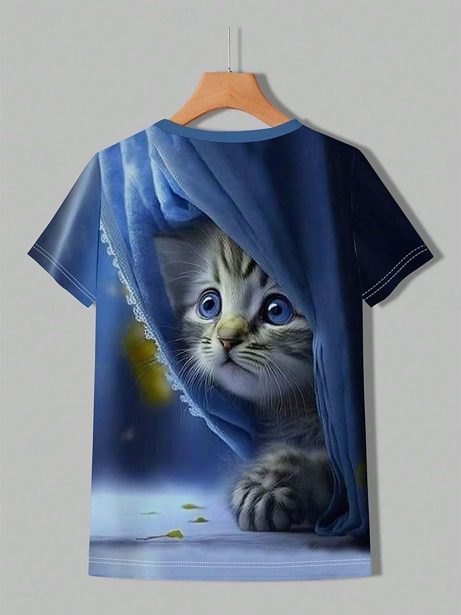 Dame T skjorte Grafisk Dyr Katt Årgang Stilfull Klassisk Kortermet Crew-hals Vanlige topper Daglig Helg Trykt mønster Blå Lilla Grønn Sommer Vår 2025 - $19.99 –P3