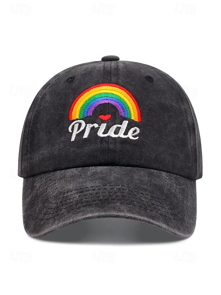 Casquette de baseball LGBTQ en denim vieilli pour femme avec arc-en-ciel et cœurs brodés - Casquette de baseball ajustable pour les défilés de la fierté, les festivals et les tenues décontractées de 2025 ? $11.99 –P3