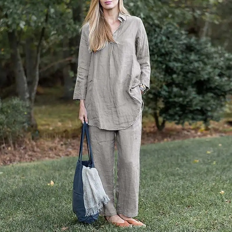 Per donna Moda Streetwear Camicie di cotone e lino Set di biancheria in cotone Set di Pantaloni Manica Lunga Colletto a Camicia Semplice Abbigliamento quotidiano Data Blu Verde Grigio Estate del 2025 a $38.99 –P2