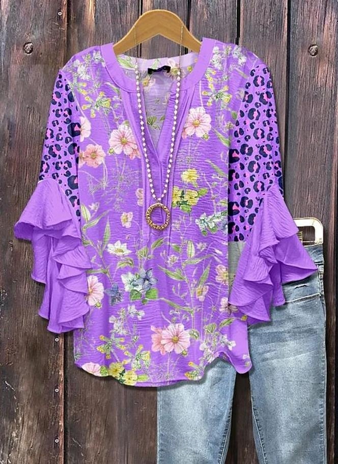 Damenbluse Geschichtete Rüschenschlupfärmel Tops Floral Grafik Paisley Bohemia Vintage Täglich 3/4 Lange Ärmel V-Ausschnitt Reguläre Tops Täglich Urlaub Ferien Kleidung Print Schwarz Pink Lila 2025 - $29.99 –P5