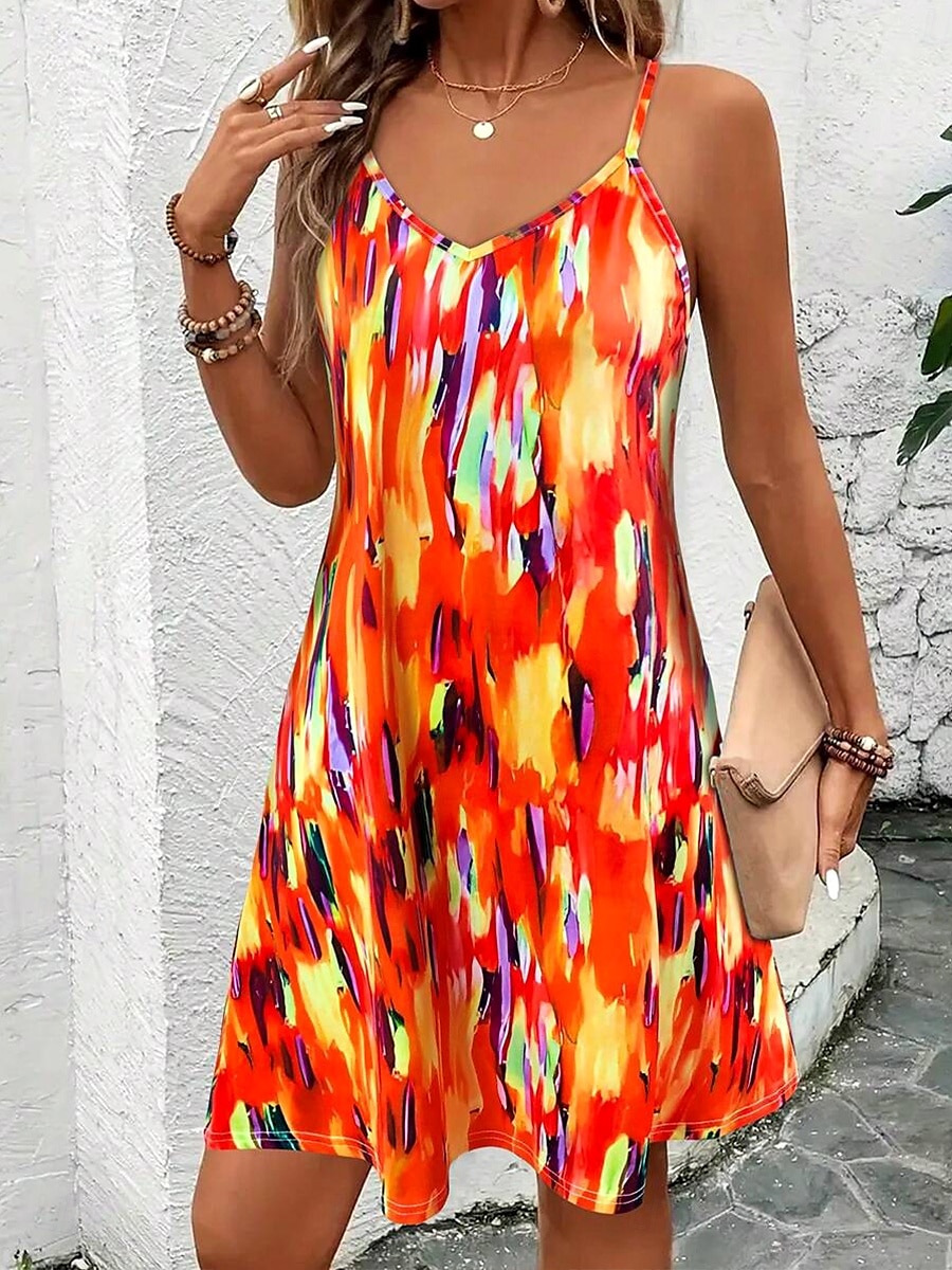 Femmes Mini Robe Robe trapèze Robe d'été Robe Nuisette Vacances Occasionnel Coupe régulière Graphique Bloc de Couleur Abstrait Sans manches Col en V Bleu Orange Été Printemps de 2025 ? $21.99 –P1