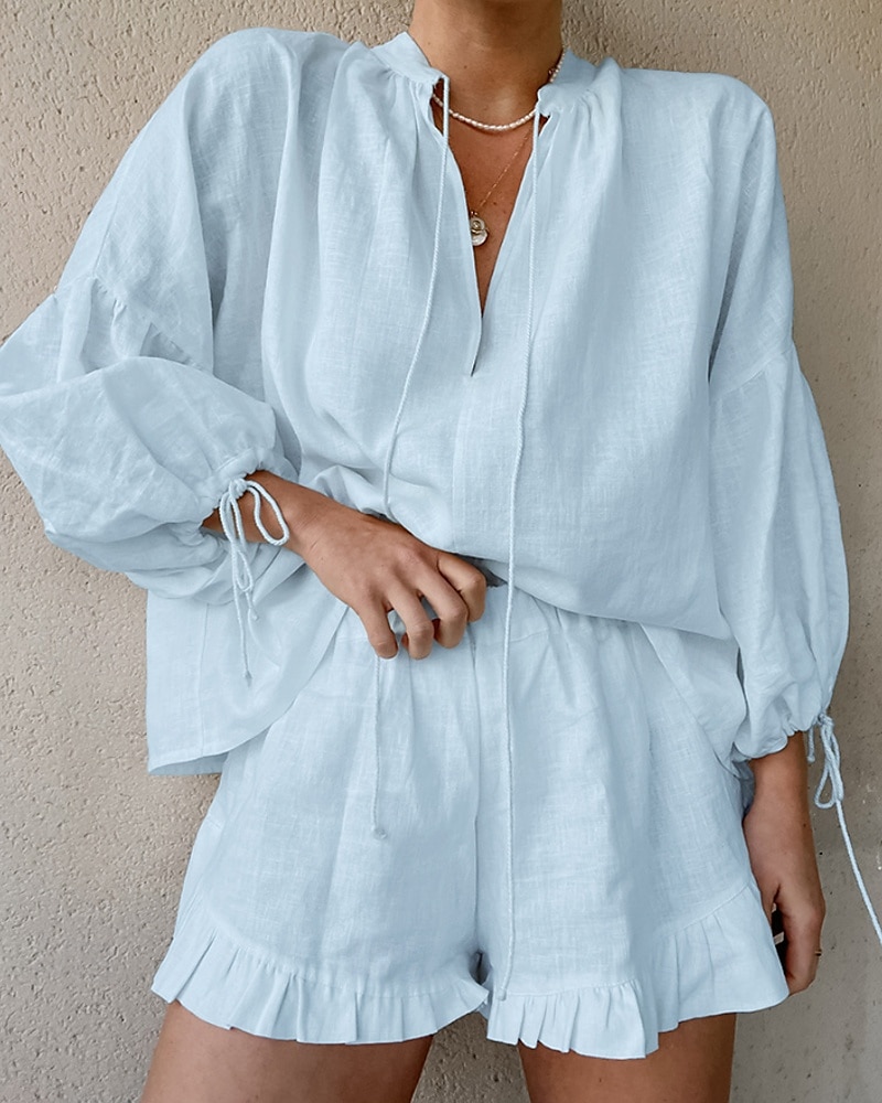 Femmes Actif Chemises en coton et lin Chemisier Ensembles de Shorts manche longue Col en V Couleur Unie Froncé Décontracté Quotidien Week-end Noir Blanche Rose Claire Été Coupe régulière de 2025 ? $24.99 –P11