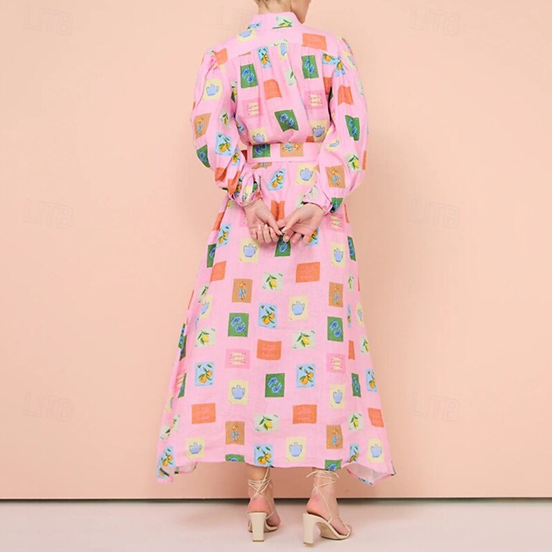 Per donna Abito Lungo Maxi Abito Abiti in cotone e lino Vestito Casual Moda All'aperto Feste Ferie Vestibilità regolare Dipinto Manica Lunga Colletto a Camicia Rosa Estate del 2025 a $46.99 –P2