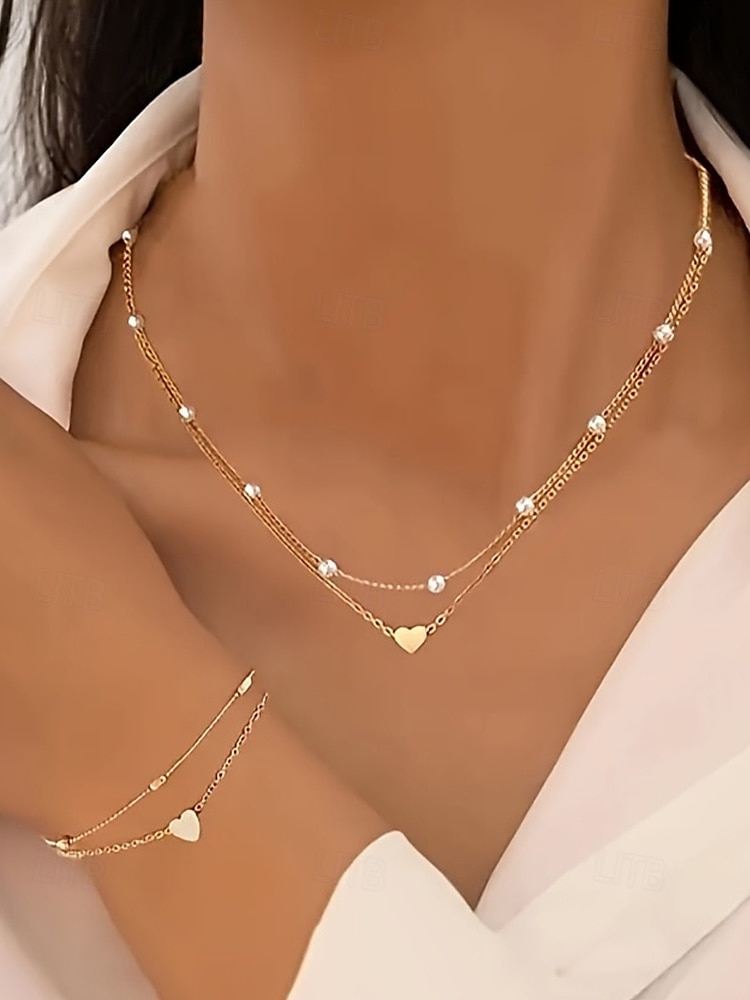 Ensemble collier et bracelet pendentif cœur en or pour femme – chaîne délicate à plusieurs niveaux avec perles, bijoux romantiques élégants pour cadeaux, mariages et usage quotidien de 2025 ? $9.99 –P1