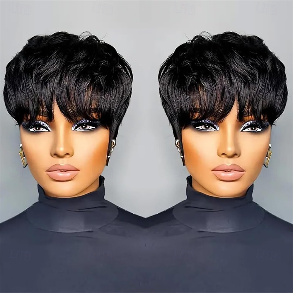 Peluca sintética de corte pixie, de capas cortas, para mujeres negras, sin pegamento, estilo bob, recta y corta, color negro. 2025 - $24.99 –P5