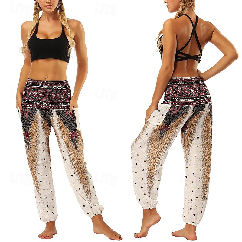 Retro Antiguo Boho Años 70 Pantalones Harem Pantalones de yoga Hippie Cintura elástica Pavo real Plumas Mujer Víspera de Todos los Santos Carnaval vacaciones en la playa Fiesta temática retro Festival 2025 - $27.99 –P13