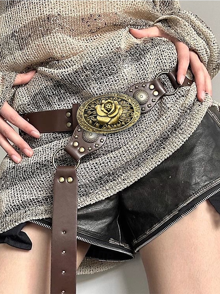 Women's Bohemian Western cowboy style belt with antique brass flower buckle, Adjustable tightness, Suitable for retro fashion, Casual or festival wear 2025 - $14.99 –P2