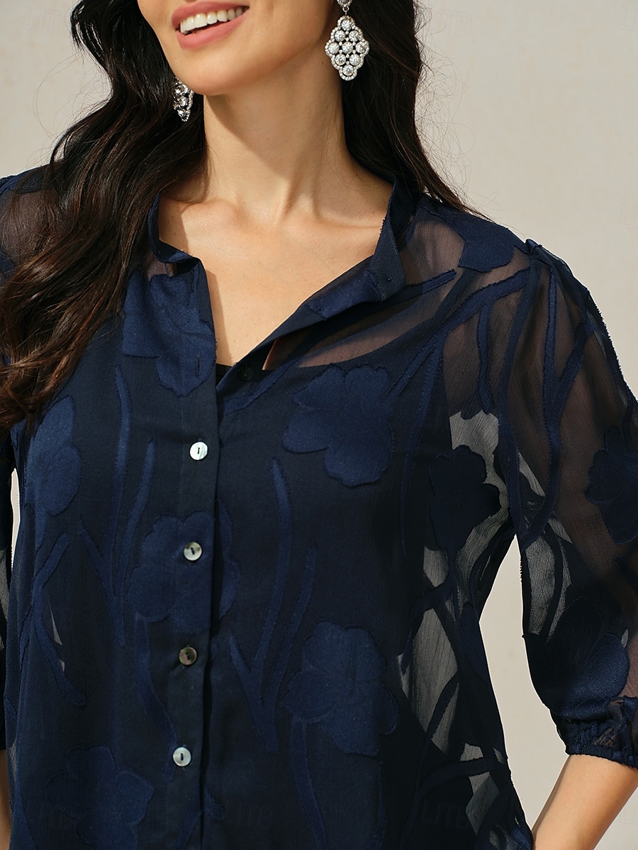 camicetta da donna con bottoni e canotta floreale elegante vintage alla moda mezza manica scollo a V top normali lavoro vacanza per uscire bottoni occhiello blu navy estate primavera autunno del 2025 a $59.99 –P2