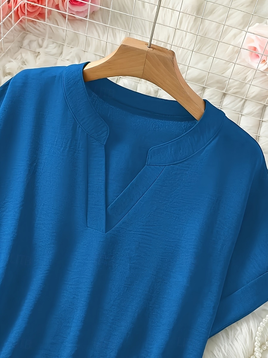Dame Bluse Helfarge Stilfull Fritid Kortermet V-hals Vanlige topper Daglig Svart Militærgrønn Blå Sommer 2025 - $19.99 –P4