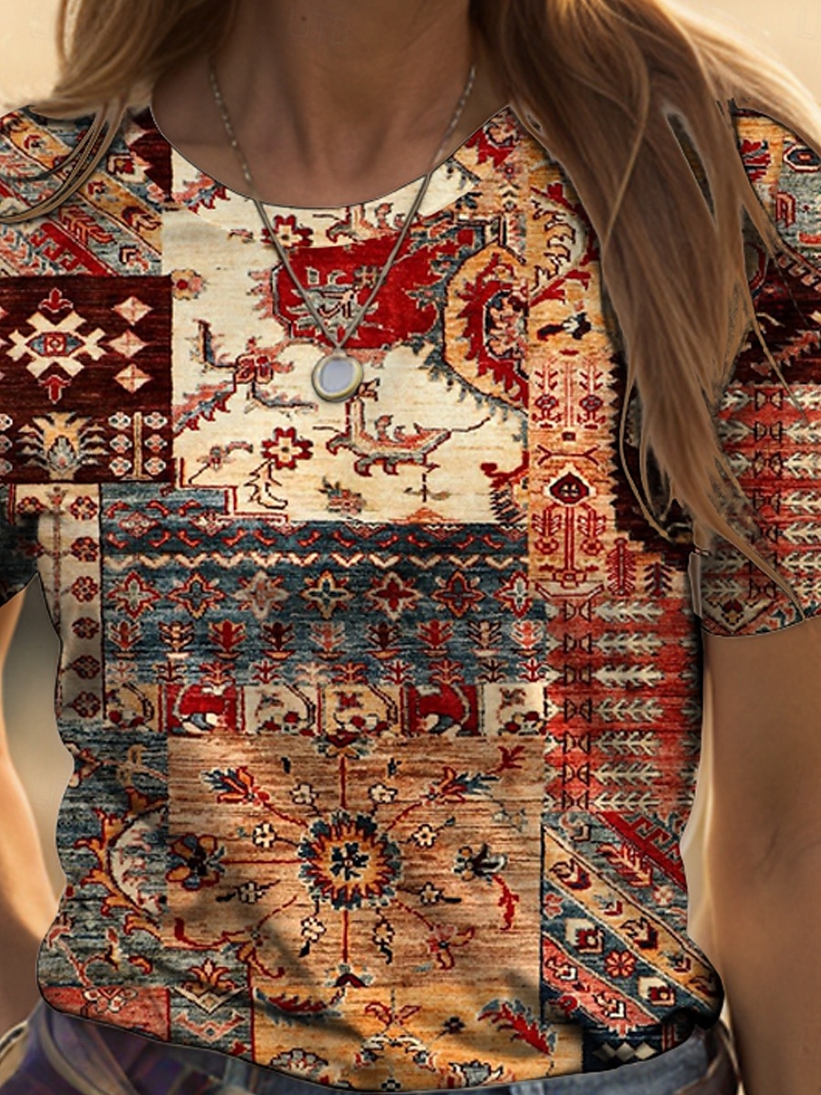 Dame T skjorte Blomstret Grafisk Geometrisk Årgang Stilfull Klassisk Kortermet Crew-hals Rund hals Vanlige topper Daglig Helg Trykt mønster Gul Rosa Blå Lilla Grønn Sommer Vår 2025 - $19.99 –P3