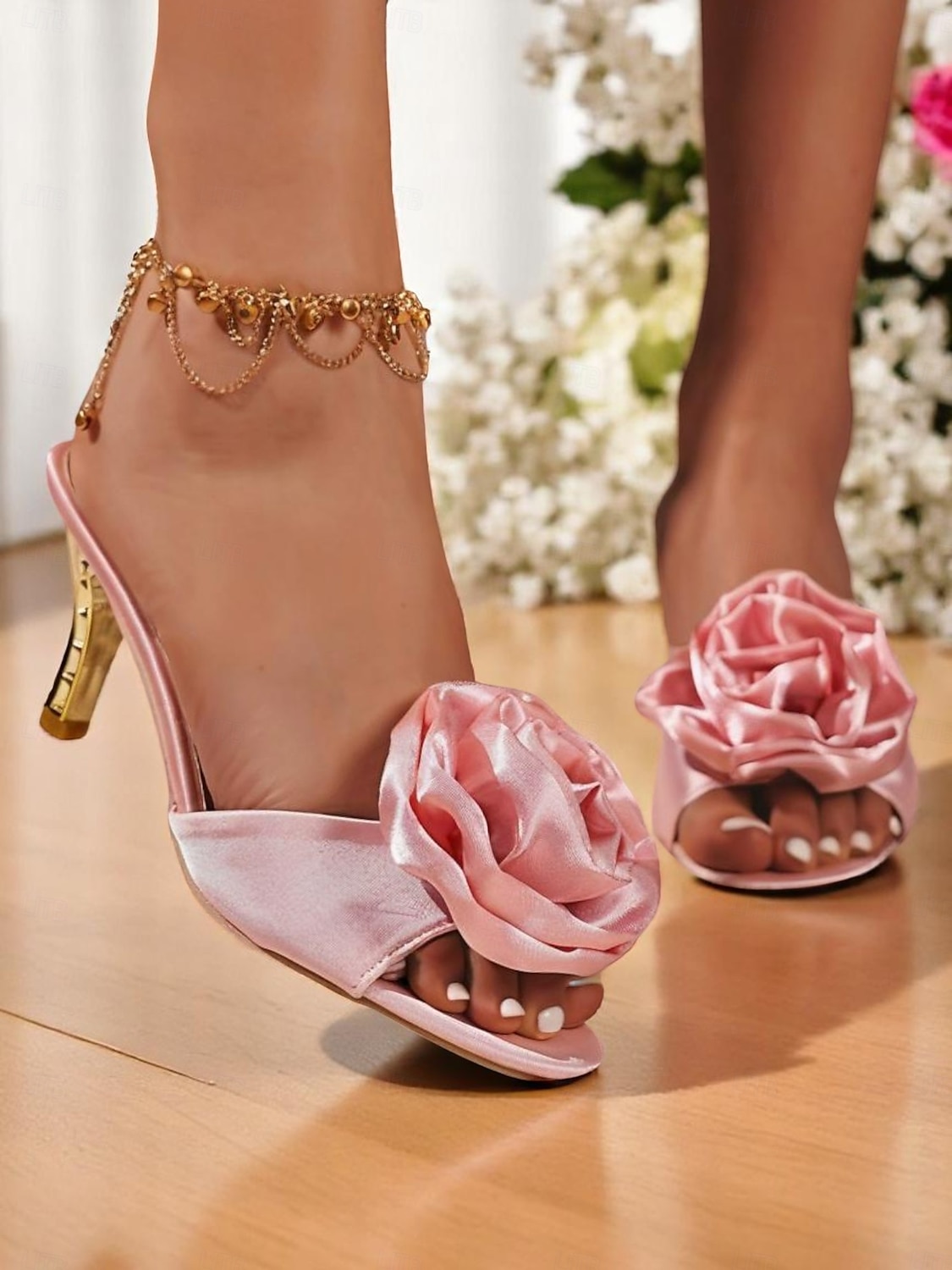 Escarpins de mariage à bout ouvert en satin pour femmes avec accents dorés et détails roses - chaussures de mariée élégantes pour les occasions spéciales de 2025 ? $26.99 –P4