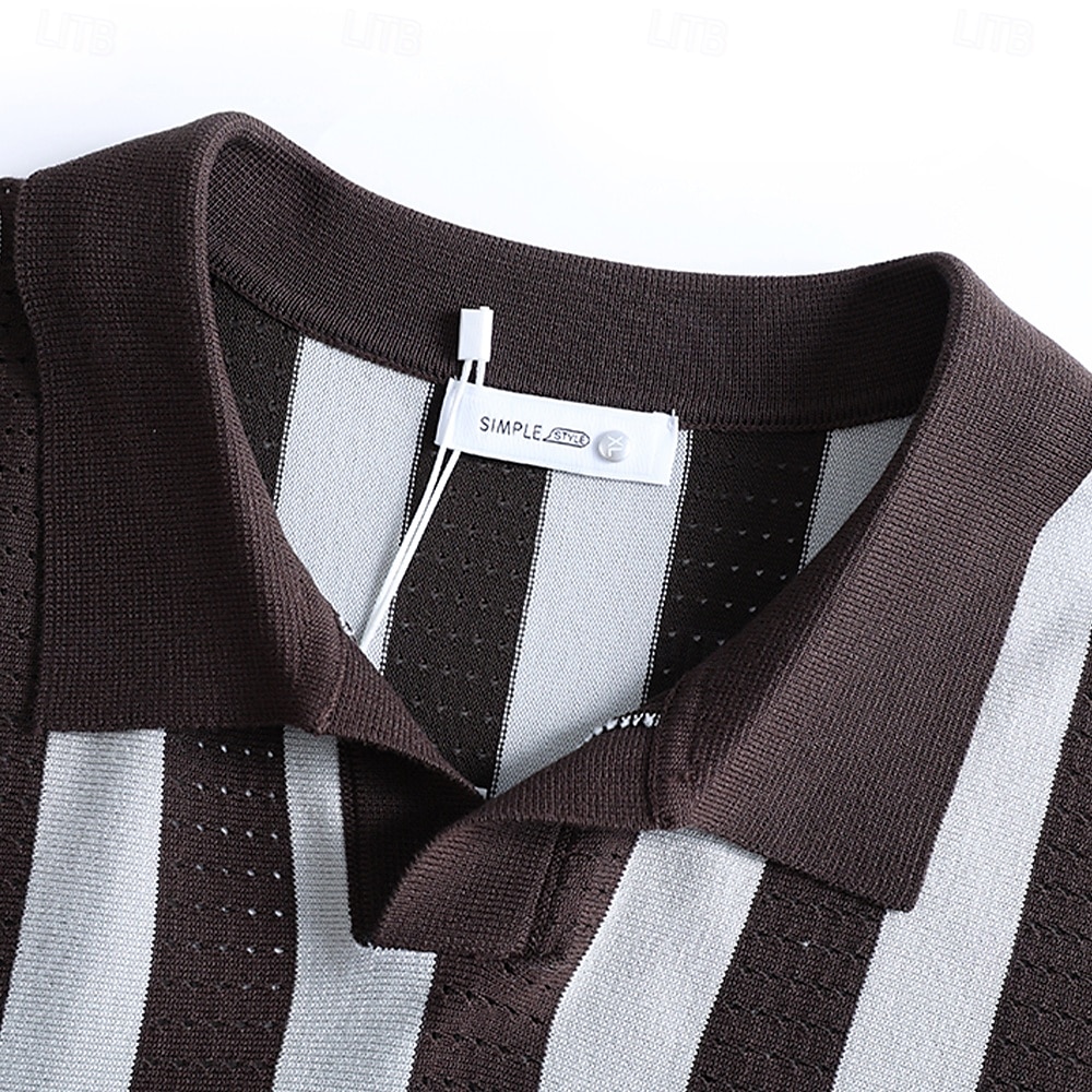 Herren Polo Geschäft Lässig Umlegekragen Kurzarm Gitter Vertikale Streifen V-Ausschnitt Weich Sommer Frühling Herbst Kastanienbraun Dunkelblau Schwarz Dunkelkaffee Polo 2025 - $28.99 –P10