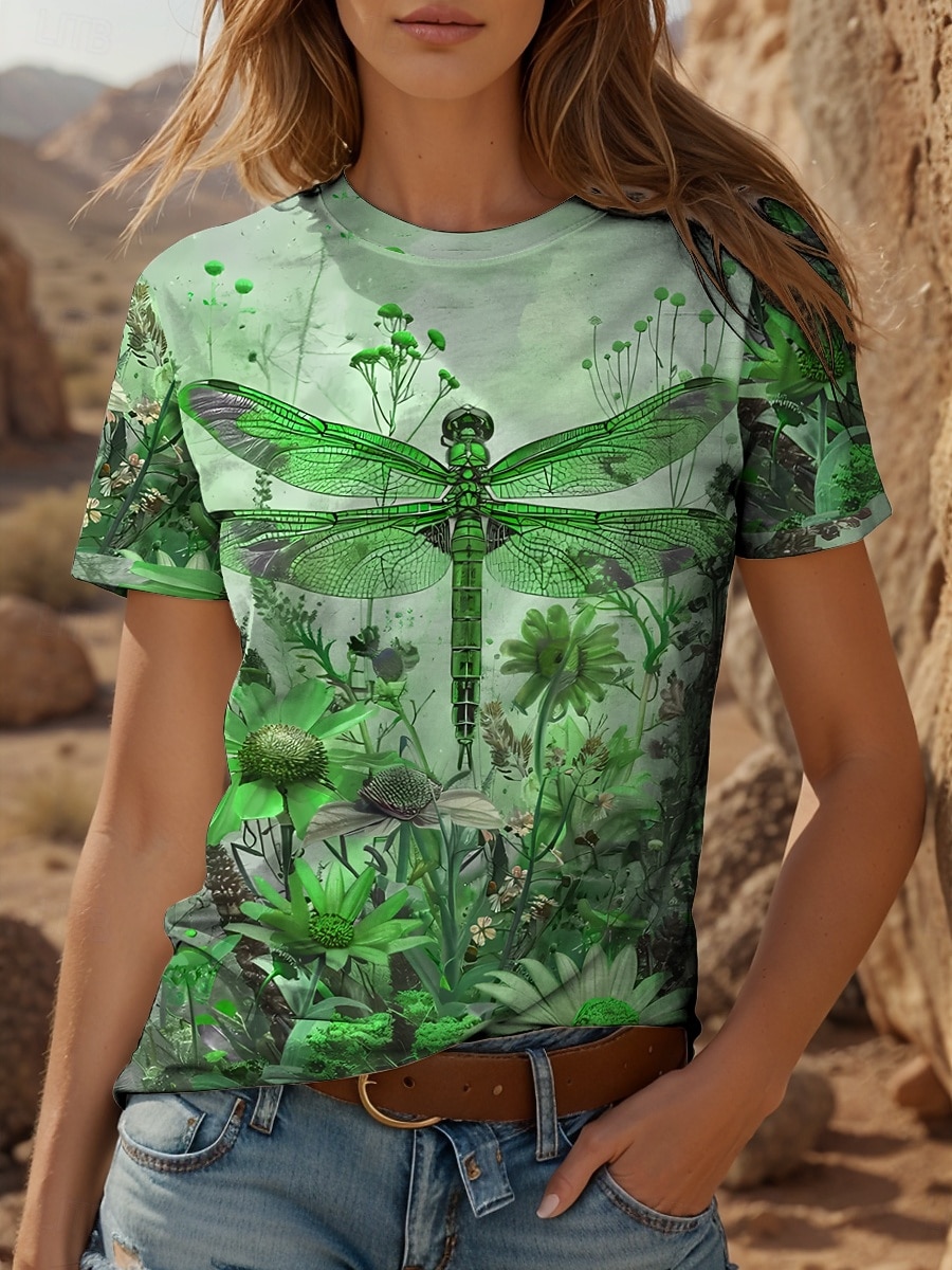 Femmes T-shirt Fleuri Graphique Libellule ancien Élégant Classique Manche Courte Col ras du cou Col rond Hauts Réguliers Quotidien Imprimé Jaune Rouge Bleu Violet Vert Été Printemps de 2025 ? $19.99 –P6