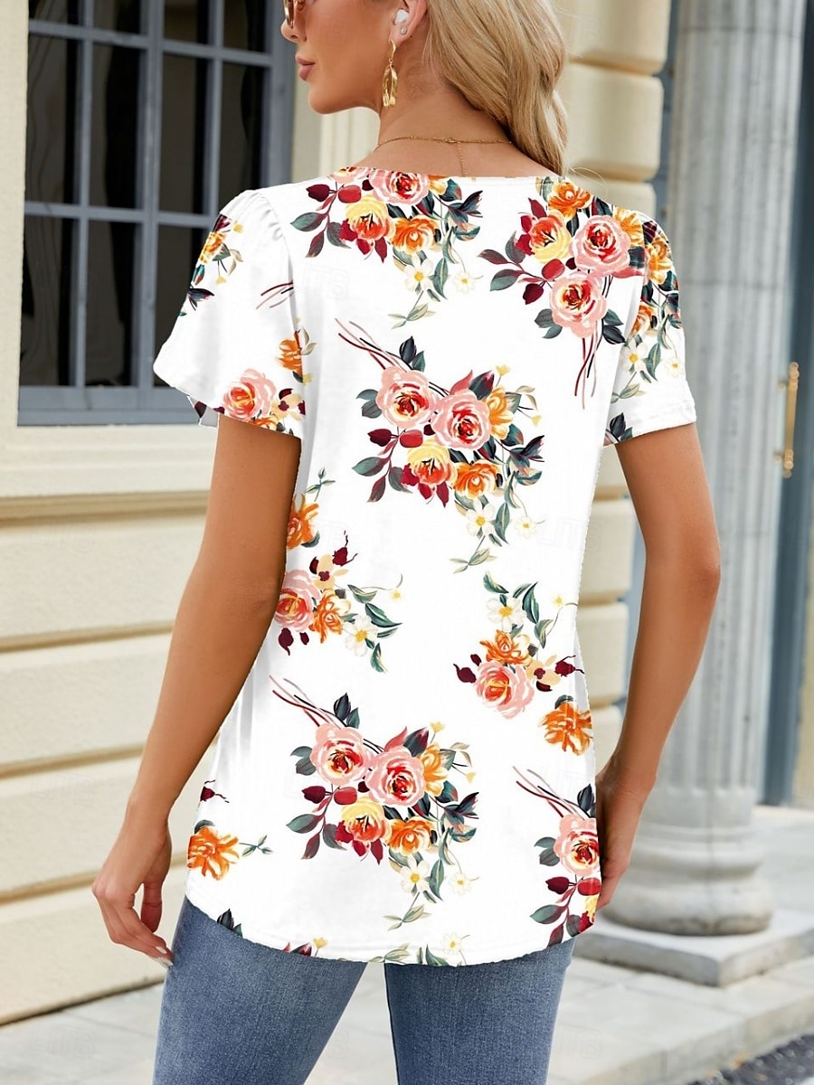Damskie Podkoszulek Kwiaty Moda Nowoczesny Codzienny Krótki rękaw Kwadratowy dekolt Zwykłe topy Codzienny Weekend Biały Wino Niebieski Zielony Lato 2025 - $17.99 –P10