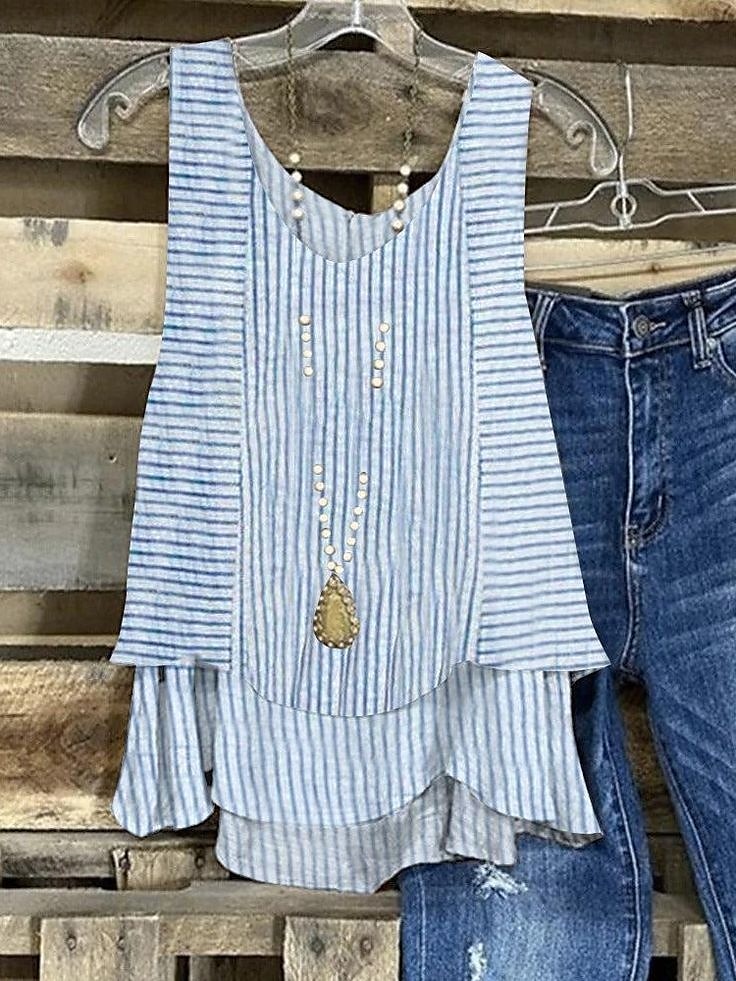 Kvinnors blus grafisk randig elegant damer romantisk utan ärm V-hals regelbundna toppar daglig patchwork tryck blå sommar vår 2025 - $24.99 –P1