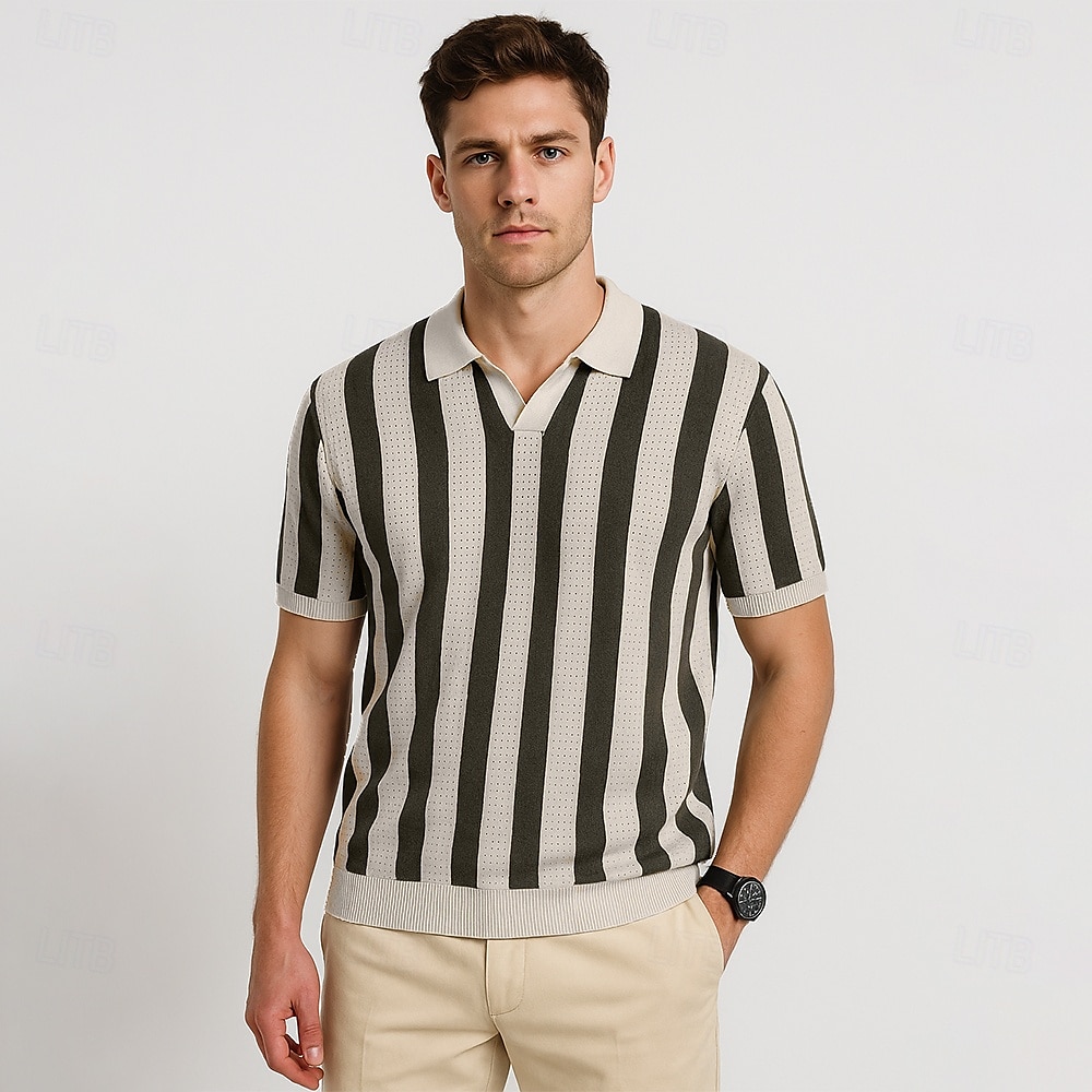 Herren Polo Geschäft Lässig Umlegekragen Kurzarm Gitter Vertikale Streifen V-Ausschnitt Weich Sommer Frühling Herbst Kastanienbraun Dunkelblau Schwarz Dunkelkaffee Polo 2025 - $28.99 –P5
