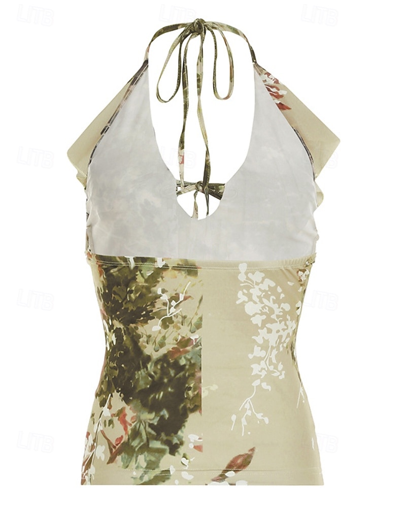 Femmes Chemise Bohème Chemisier Fleur Moderne Boho Sans manches Col Halter Hauts Réguliers Quotidien Fête Sortir Dos nu Imprimé Vert Été de 2025 ? $17.99 –P3