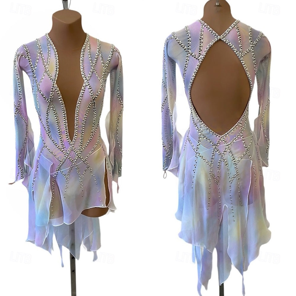 Figure Skating Dress Women's Girls' Ice Skating Dress Multi color Patchwork Open Back Mesh High Elasticity Training Competition Skating Wear Classic Crystal / Rhinestone Long Sleeve Ice Skating 2026 - $295.29 –P1