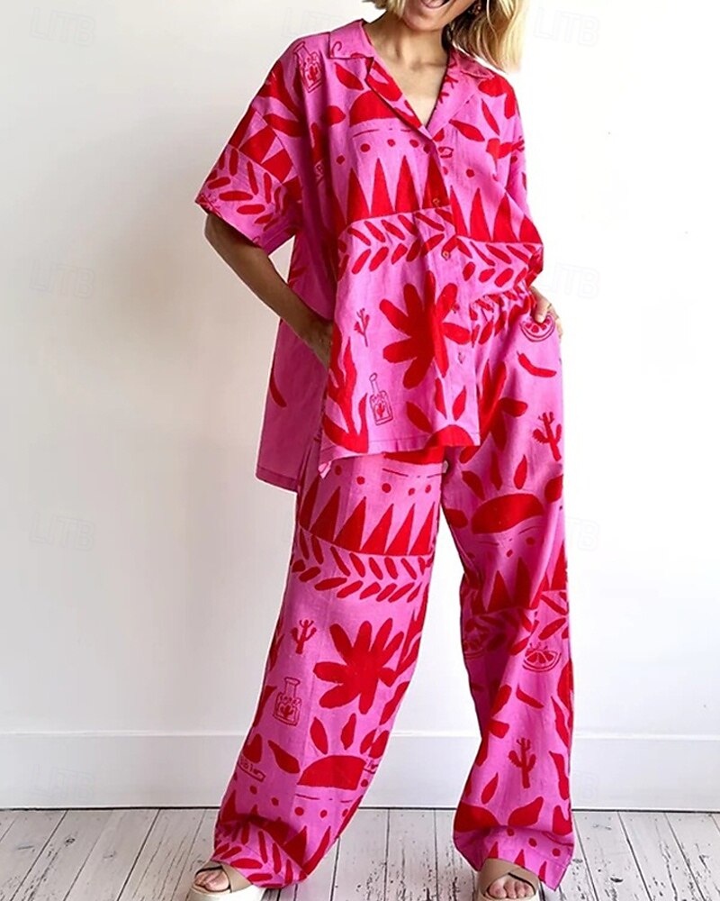 Femmes Mode Streetwear Chemises en coton et lin Ensembles en coton et lin Ensembles de Pantalons Manche Courte Col de chemise Fleuri Imprimé Tenue quotidienne Date Rose Claire Été Coupe régulière de 2025 ? $43.99 –P3
