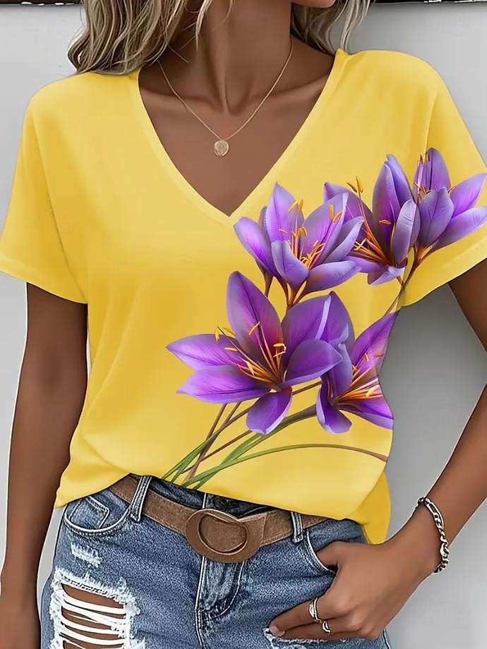 Femmes T-shirt A Ombre Graphique Plantes Mode Hawaïen Occasionnel manche longue Col en V Hauts Réguliers Quotidien Sortir Week-end Imprimé Jaune Rouge Été Printemps de 2025 ? $19.99 –P4