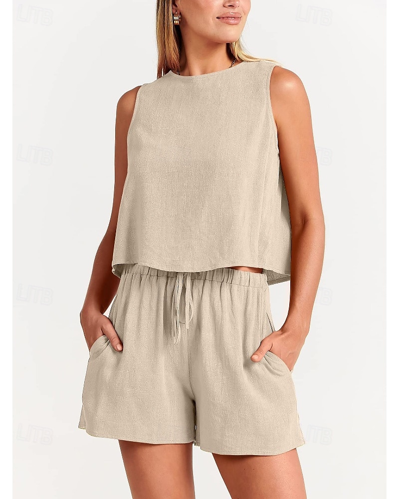 Damen Aktiv Basic Baumwoll-Leinen-Sets Bluse Shorts-Sets Ärmellos Rundhalsausschnitt Einfarbig Kordelzug Ausgehen Wochenende Schwarz Blau Orange Sommer Normale Passform 2025 - NZ $63.49 –P17