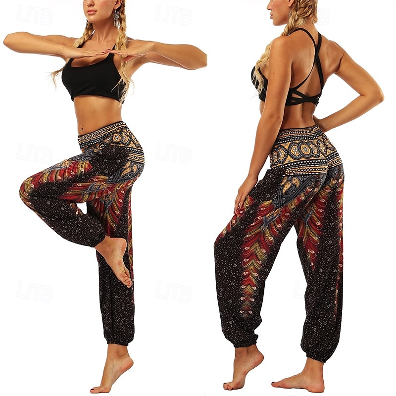 Retro Antiguo Boho Años 70 Pantalones Harem Pantalones de yoga Hippie Cintura elástica Pavo real Plumas Mujer Víspera de Todos los Santos Carnaval vacaciones en la playa Fiesta temática retro Festival 2025 - $27.99 –P18
