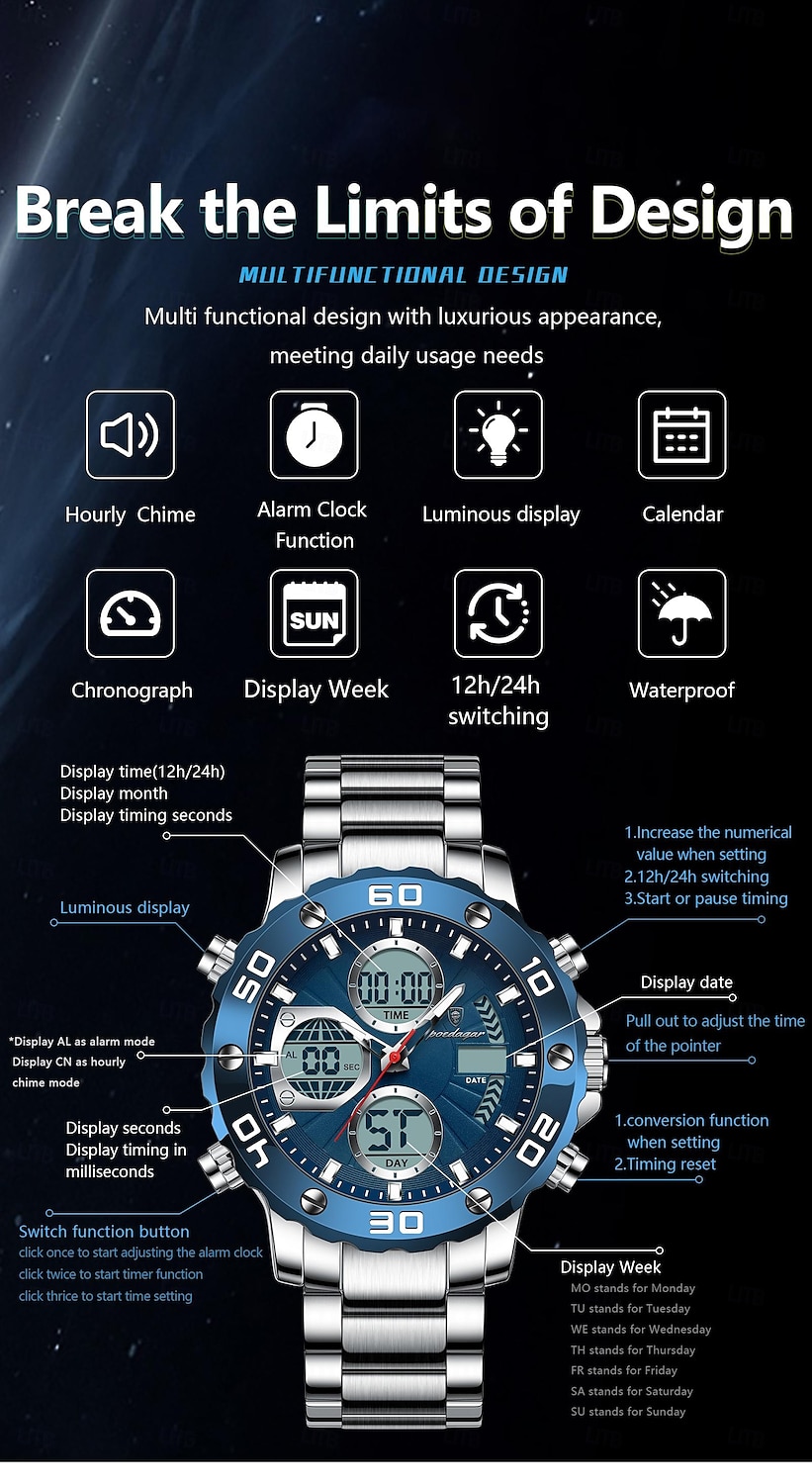 Reloj de pulsera deportivo para hombre, con alarma LED, pantalla de doble horario, reloj digital de cuarzo para hombre, reloj electrónico resistente al agua para hombre. 2025 - $37.99 –P4