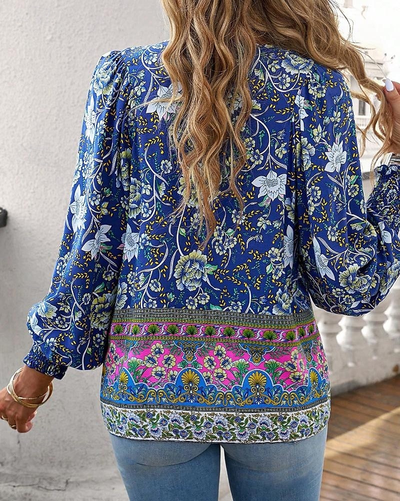 Women's Boho Shirt Blouse Flower Modern Boho Long Sleeve V Neck Regular Tops Daily Going out Print Yellow Pink Navy Blue Blue Orange Summer 2025 - $22.99 –P14