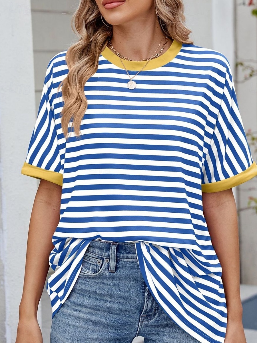 Femmes T-shirt Rayé Mode Élégant Moderne Manche Courte Col ras du cou Hauts Réguliers Quotidien Week-end Imprimé Noir Rouge Bleu Vert Été de 2025 ? $16.99 –P2