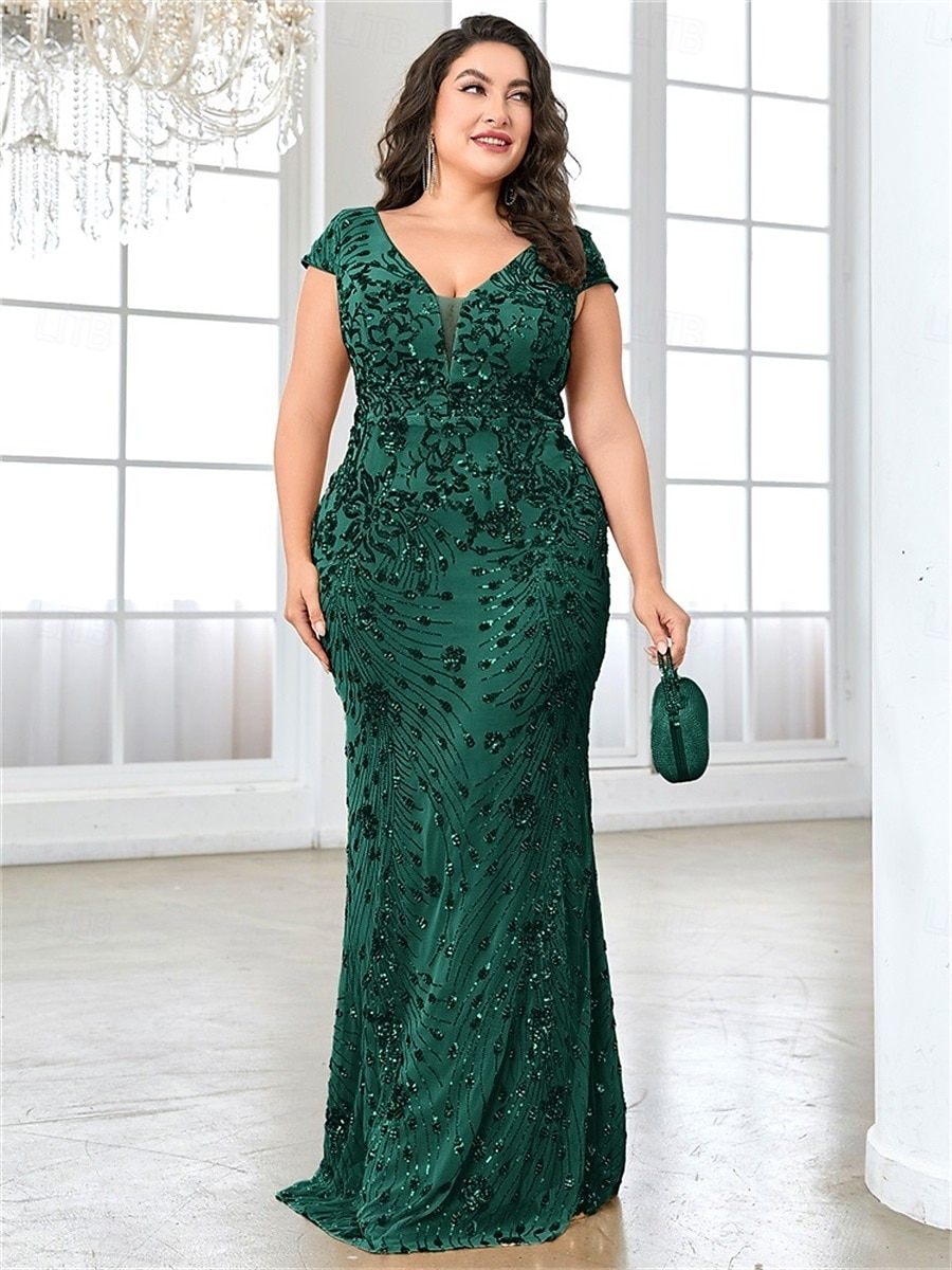 Mermaid / Trumpet Plus Size Dresses Elegant Curve Dress Formal Wedding Floor Length Short Sleeve V Neck Lace Backless with Sequin 2025 - $159.99 –P12