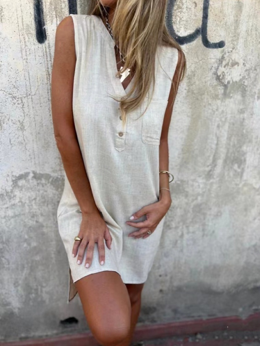 Femmes Mini Robe Robes en polycoton et lin texturé Robe Décontractée Robe débardeur Robe d'été Basique Quotidien Week-end Coupe régulière Uni Sans manches Col en V Noir Blanche Bleu Gris Été de 2025 ? $26.99 –P3