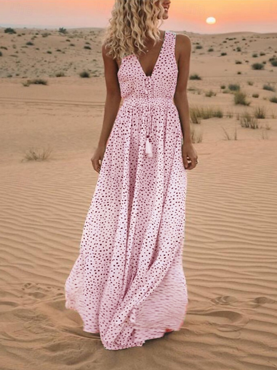 Dame Maxikjole Kjole med A-linje Slipkjole Fritid utendørs Ut på byen Normal Polkadotter Ermeløs Spagettistropper Lyseblå Hvit Rosa Beige Sommer 2025 - $23.99 –P5