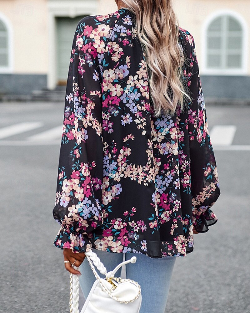 Femmes Chemise Bohème Chemisier Fleur Moderne Boho manche longue Col en V Hauts Réguliers Quotidien Sortir Imprimé Noir bleu marine Bleu Abricot Été de 2025 ? $26.99 –P10
