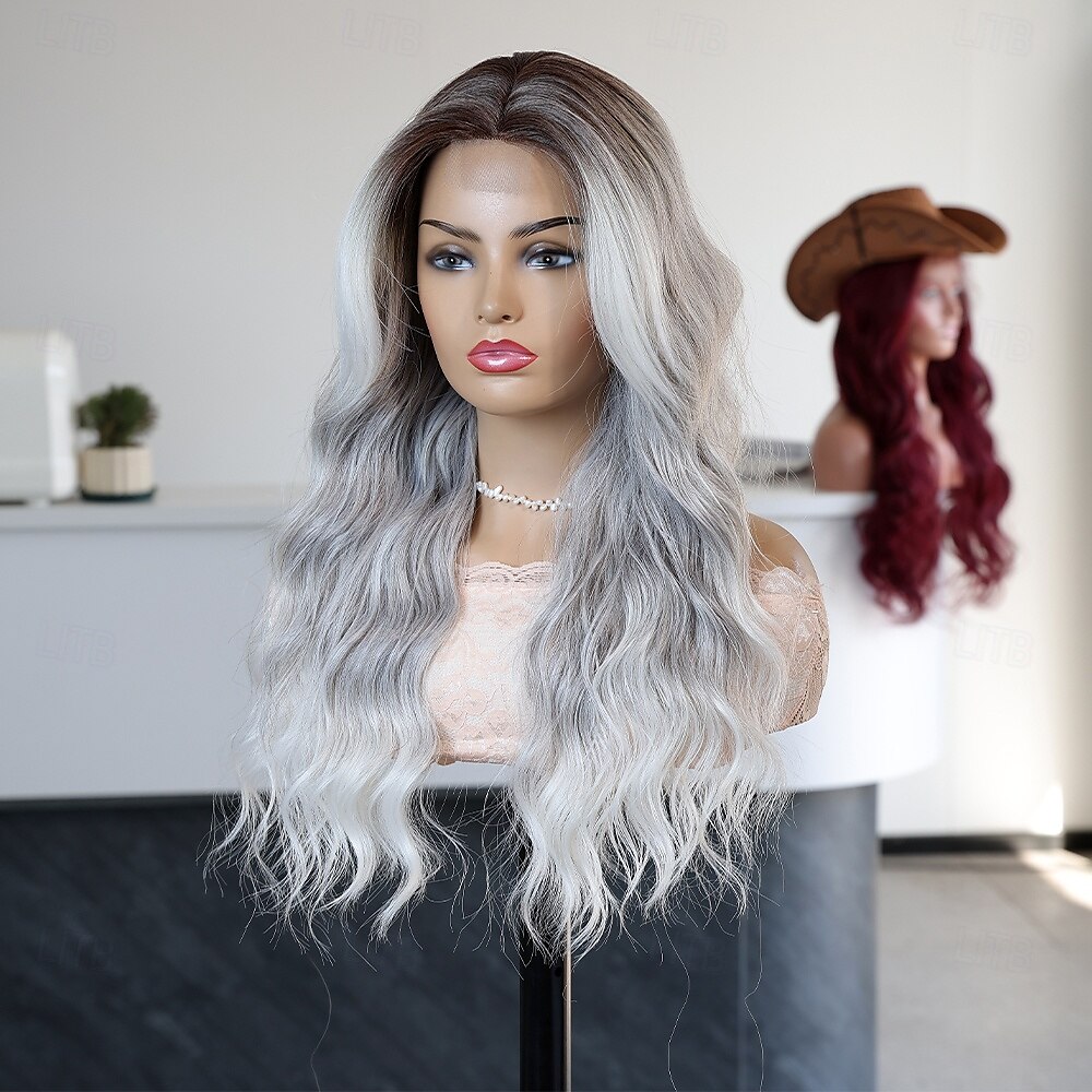 Perruque en dentelle synthétique Bouclé Style 24 pouce Gris Raie au milieu partie U Perruque Femmes Perruque Gris argenté de 2025 ? $39.99 –P2