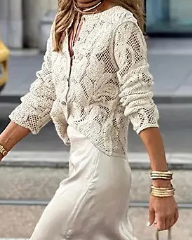 Women's Shirt Blouse Lace Plain Casual Long Sleeve Crew Neck Regular Tops Daily Going out White Summer 2026 - $34.99 –P5