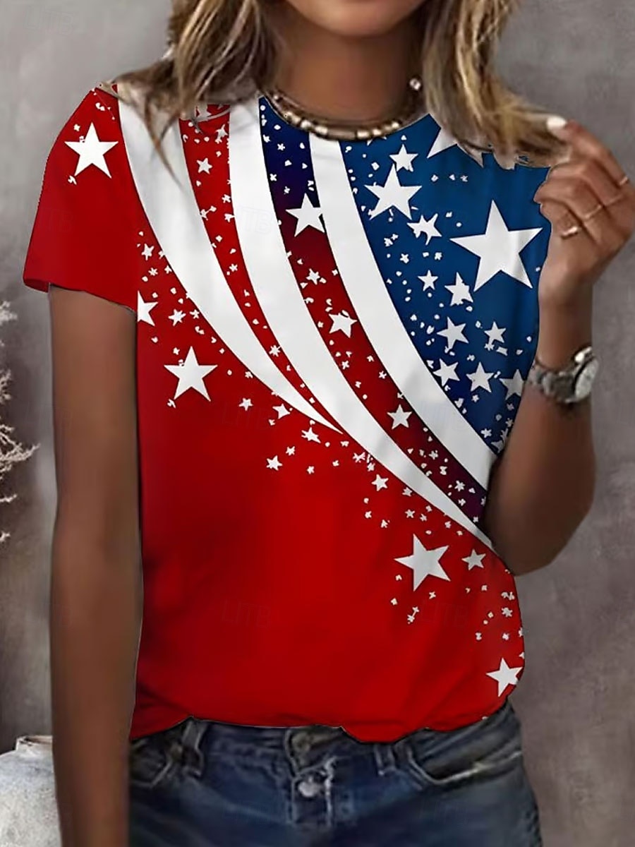Unabhängigkeitstag patriotisches Damen T-Shirt Grafik Flagge vintage stilvoll klassisch kurzarm Rundhals reguläre Oberteile täglich Wochenende Druck rot Sommer 2026 - $22.99 –P1